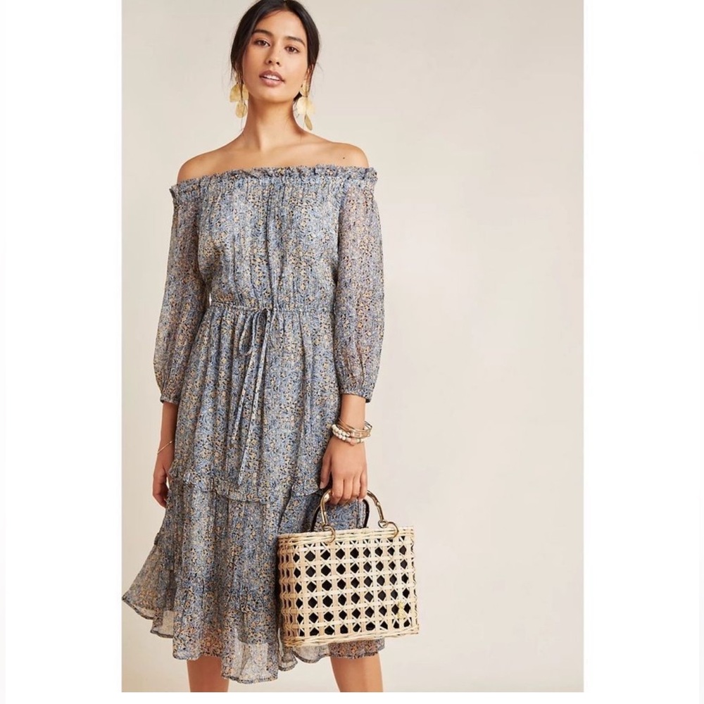 Anthropologie off the shoulder floral dress with sparkle and waist belt